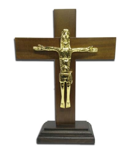 Croce da tavolo in Legno con Cristo in ottone dorato